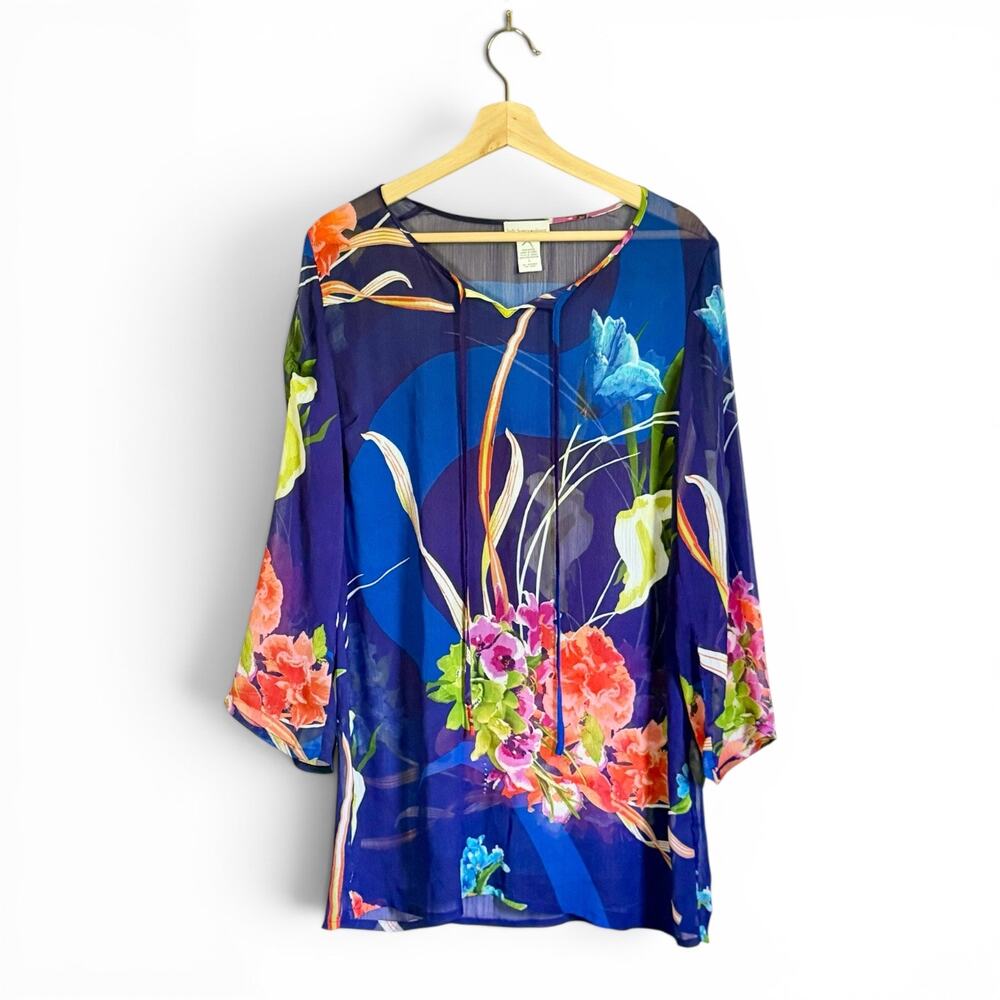 Soft Surroundings Watercolor Floral Sheer Tunic Caftan Style Top Small